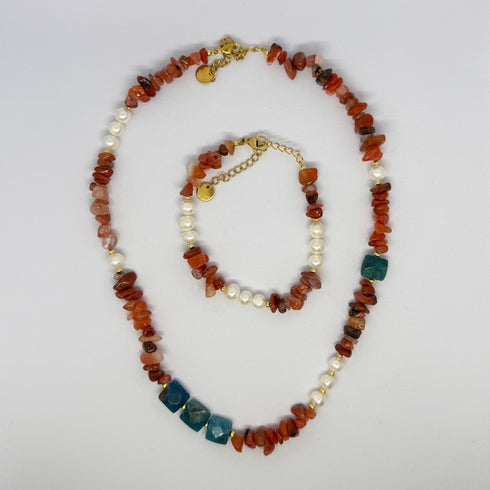 Orange & Blue Gemstone Pearl Necklace